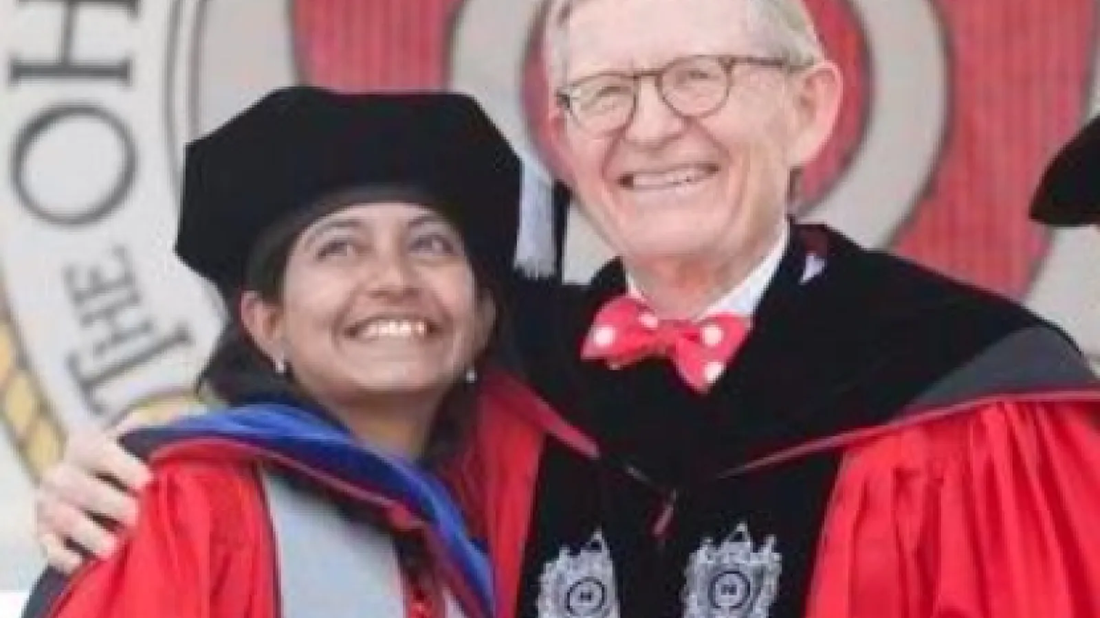 New PhD Srujana (Sam) Yadavalli with OSU President Gordon Gee.